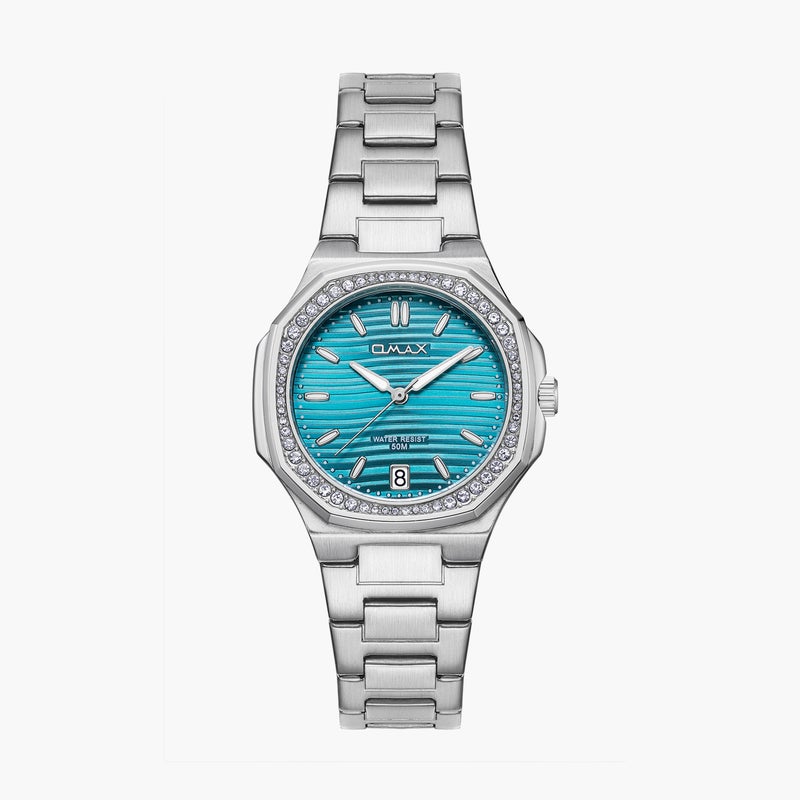 OMAX ساعة فضية أنالوج بقرص تركوازي للنساء - Image 1